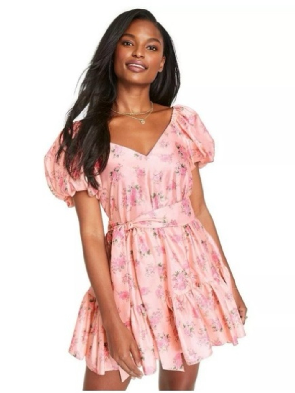 LoveShackFancy+Target‎ Cecile Pink Floral Puff-Sleeve Mini Dress Satin Fabric 10